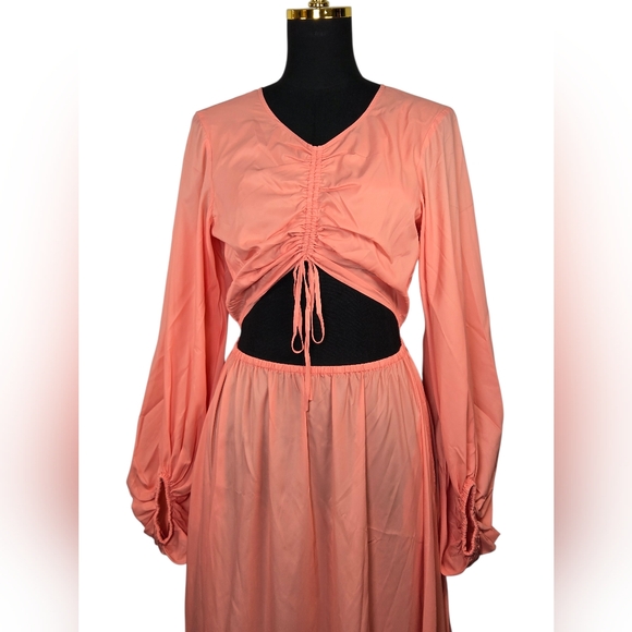 NWT $375 Staud Tangier Ruched Cutout Balloon Sleeve Maxi Dress Coral Size M - Picture 5 of 16